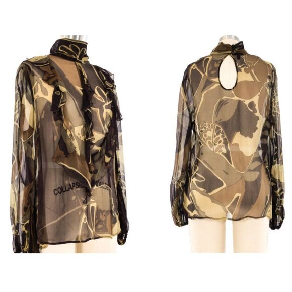 Escada Olive Multicolour 100% Silk Ruffle Blouse - EU 34 - Picture 7 of 16